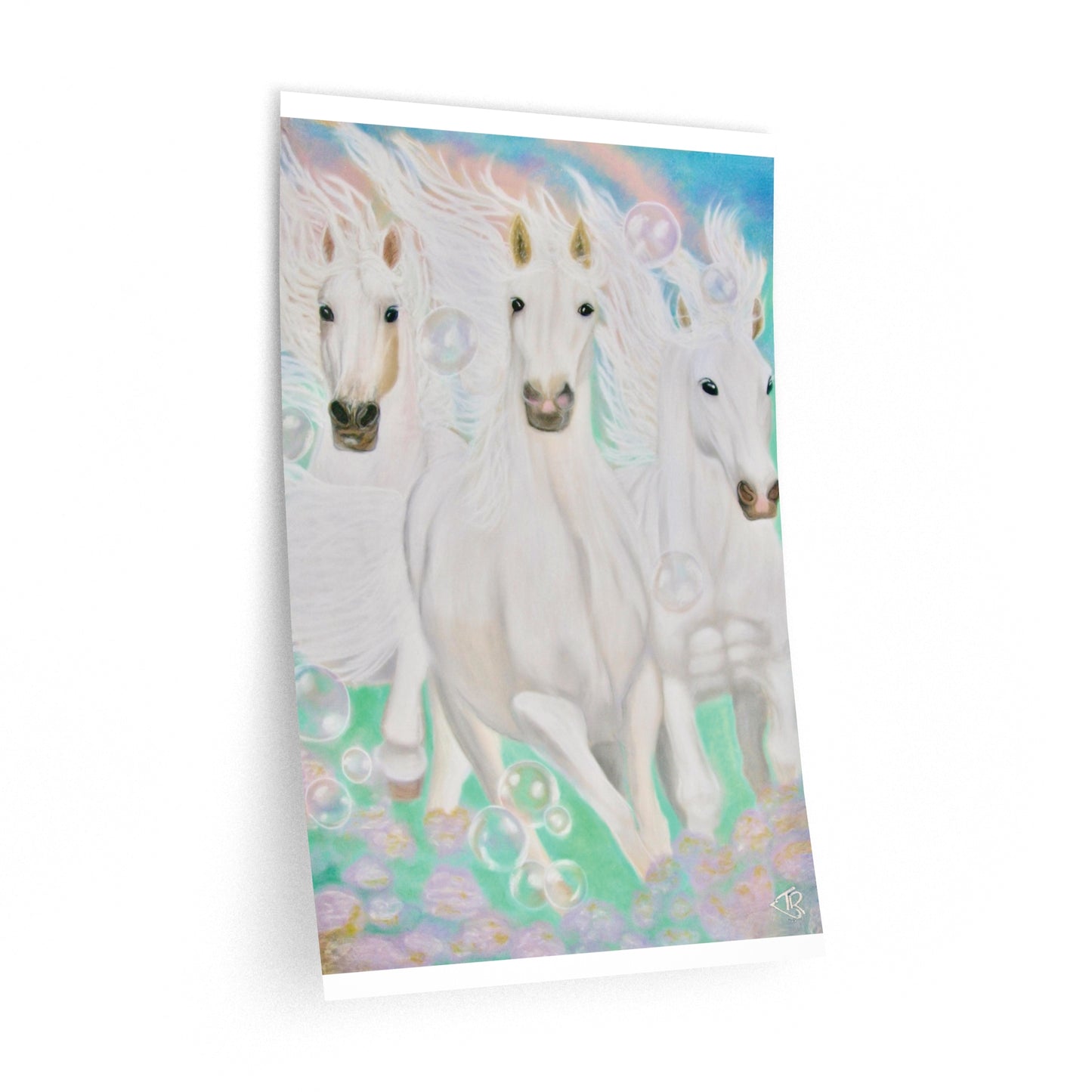 Energised Wall Decal of 3 white horses galloping towards you in fantasy pink and green background, flowing manes, painting created with healing energy, light codes, healing art