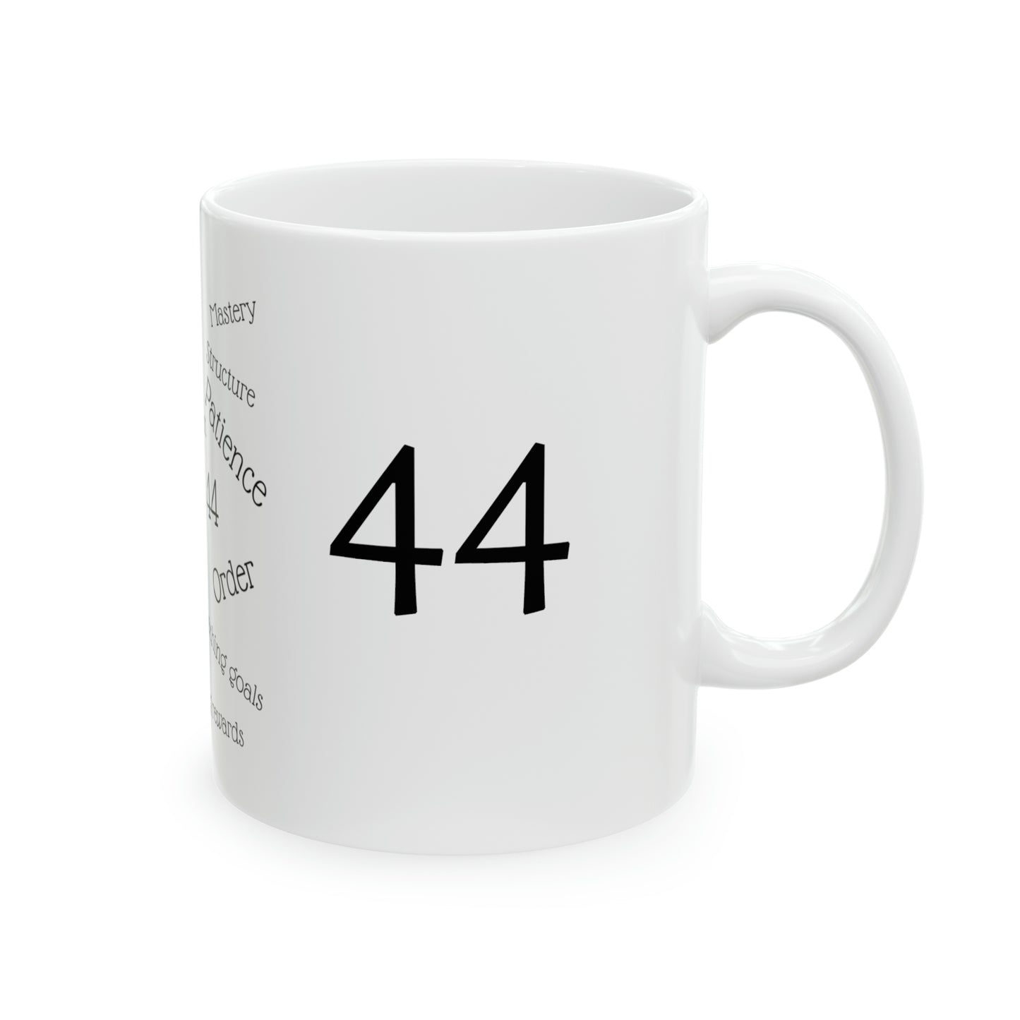 Ceramic Mug, 11oz, 44th birthday, numerology, number meaning, gift, him, her, white, black text