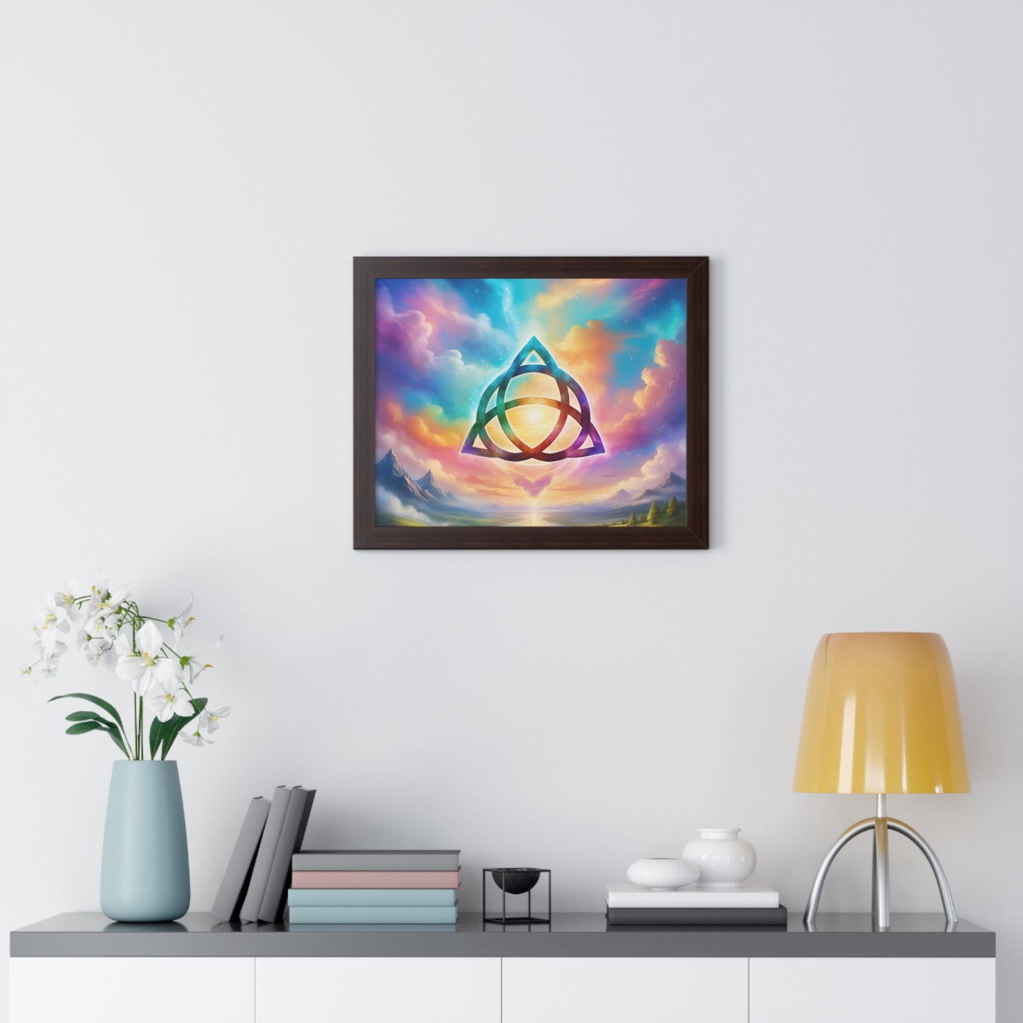 Framed Horizontal Poster, Triquetra and words, the power of 3 is part of me, various colours and sizes, colourful sky