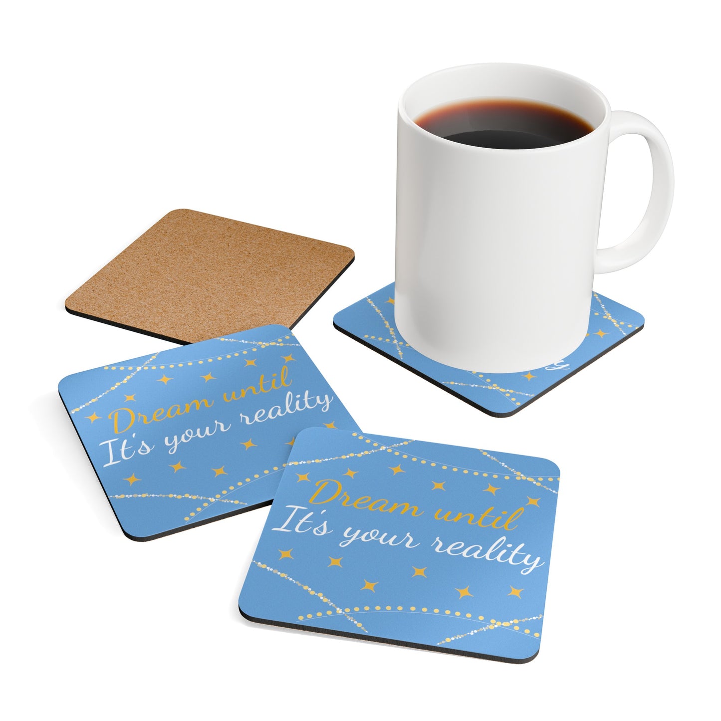 Dream until it's your reality Corkwood blue Coaster Set, Uk, Aus, Us, for everyone, yellow, stars, him, her, tea, coffee