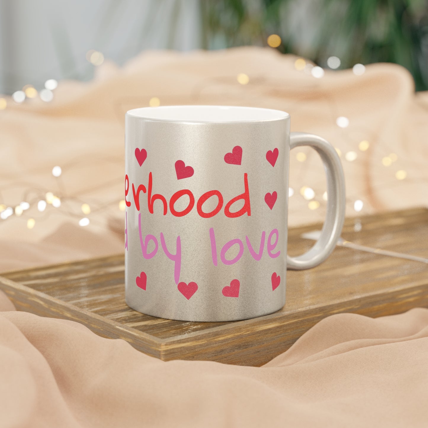 Motherhood powered by love, Metallic Mug (Silver) 11oz, mothers day, mom, gift, present, coffee cup, silver, hearts