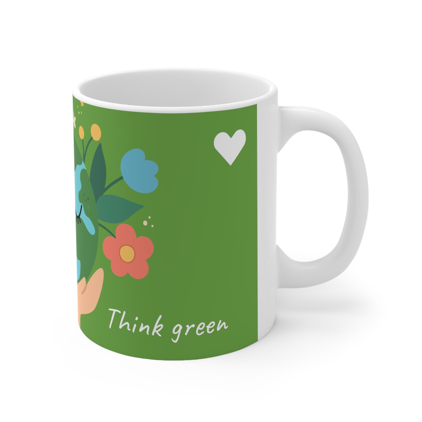 It's cool to care, think green White Ceramic Mug, 11oz, planet, Uk, Aus, Us, Green, heart, love, unisex, gift for all, him, she, hand