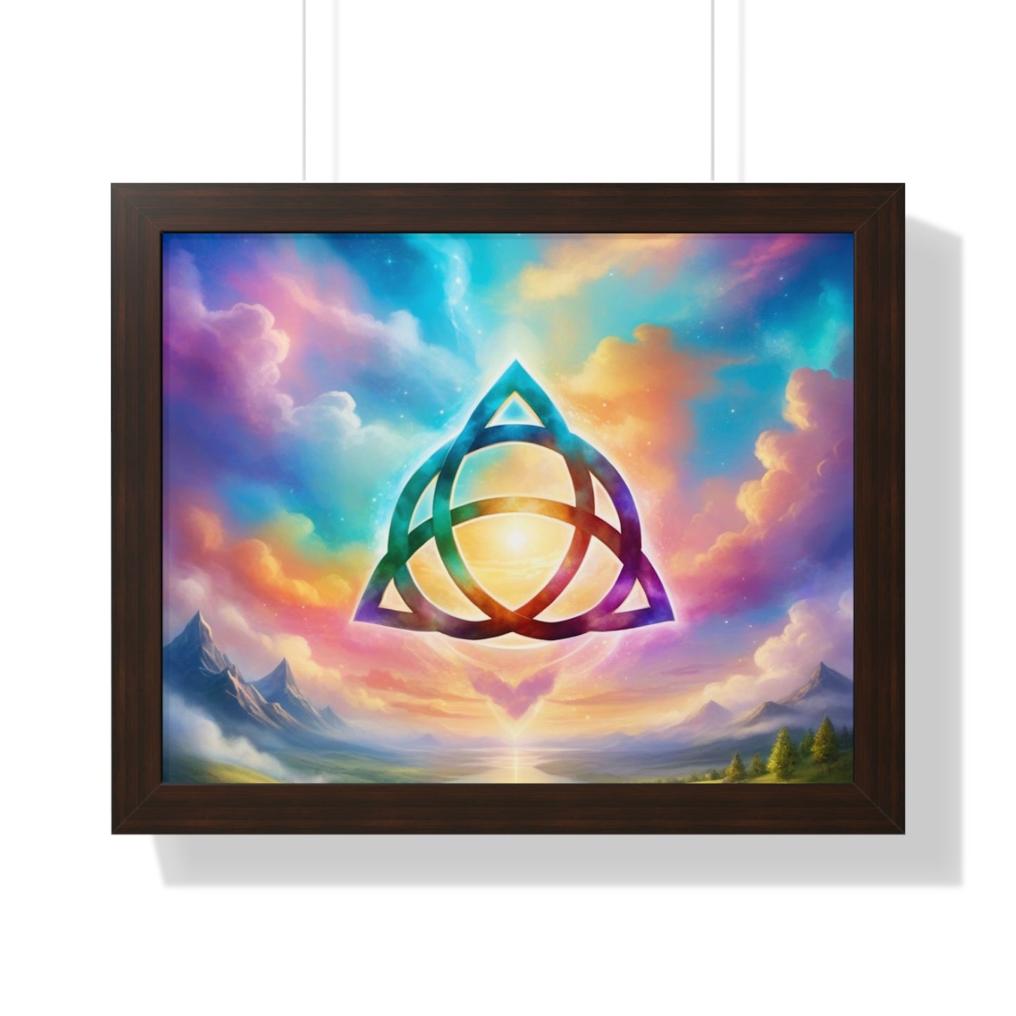 Framed Horizontal Poster, Triquetra and words, the power of 3 is part of me, various colours and sizes, colourful sky