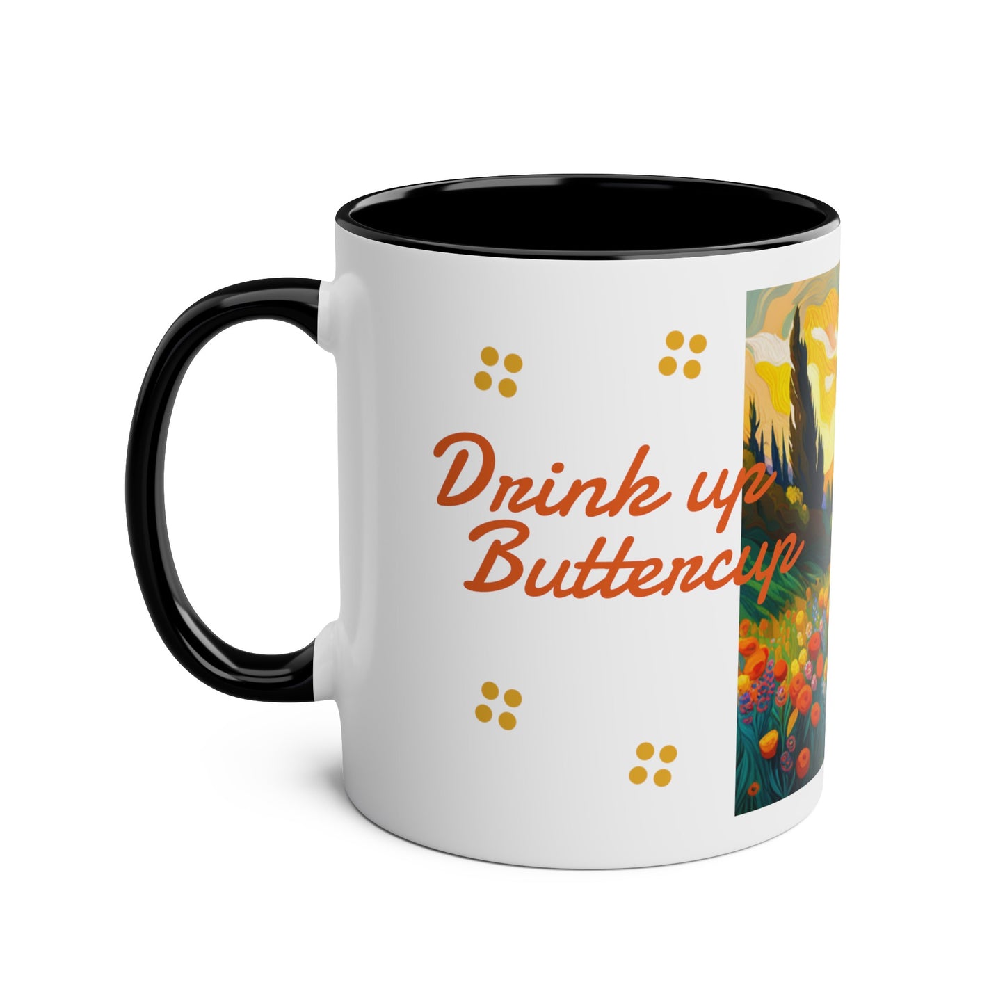 Drink up buttercup Two-Tone Coffee Mugs, 11oz, choice of 3 colours, refreshing, flowers, tea, hot drink, unisex, UK