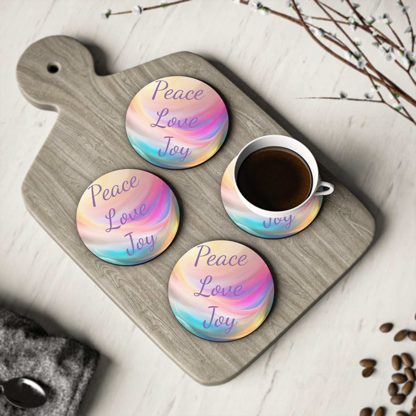 Peace, love, joy Coasters, singe or set of 4, round or square, upgrade your decor and be reminded of your high vibe intentions with every sip, Aus, UK, USA