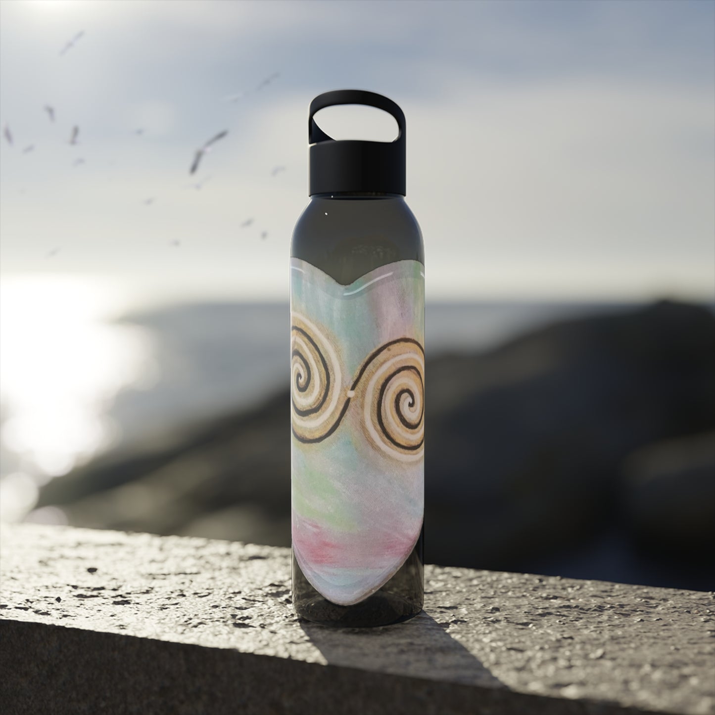 Activated twinflame unity Water Bottle, alchemical art double spiral geometry energises tthe contents of the bottle, divine masculine and feminine unity and balance