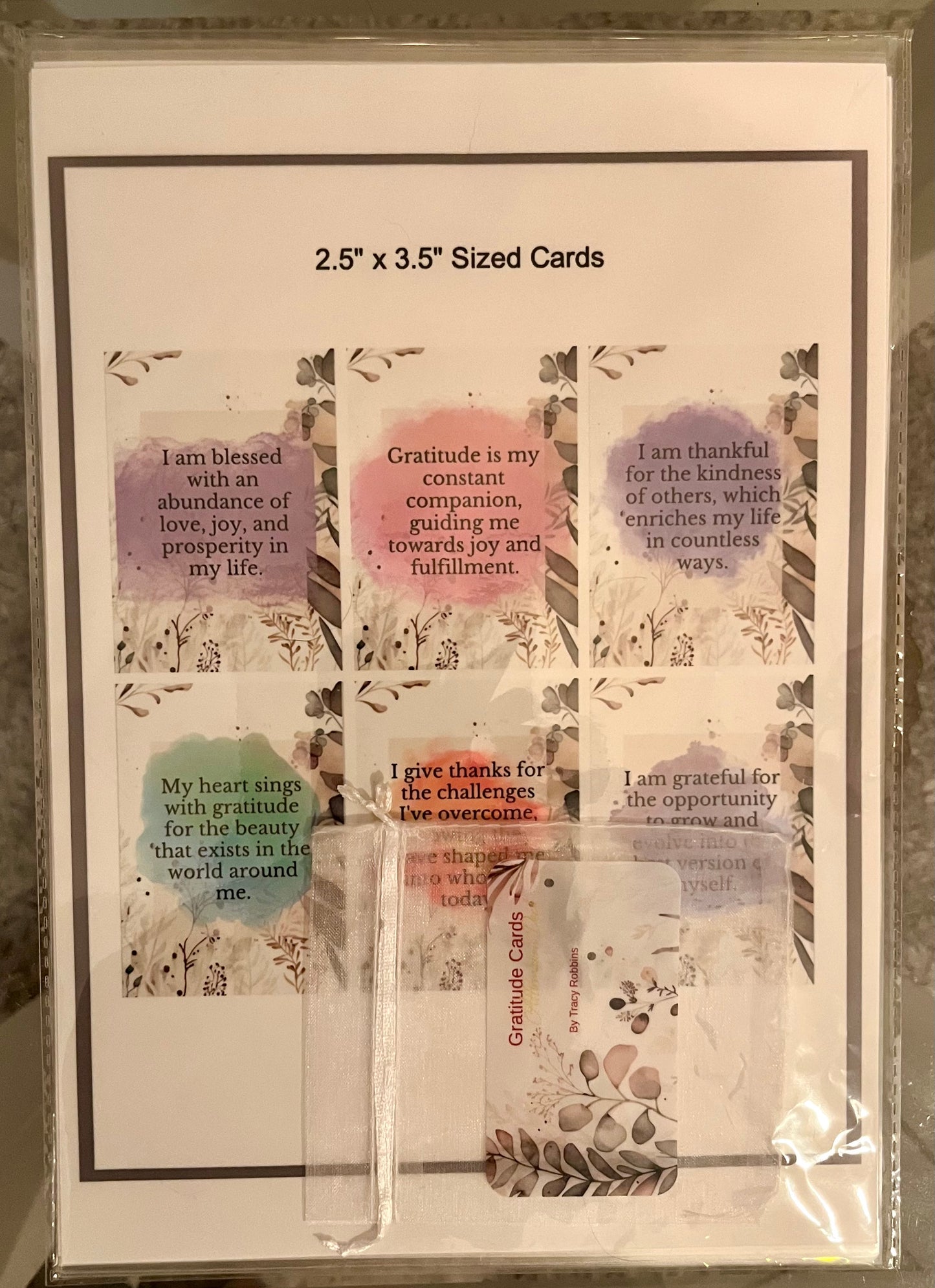 High Vibration Printed and laminated sheets of Gratitude cards  with organza bag: Cut/create your own (this is a physical product that will be mailed to you