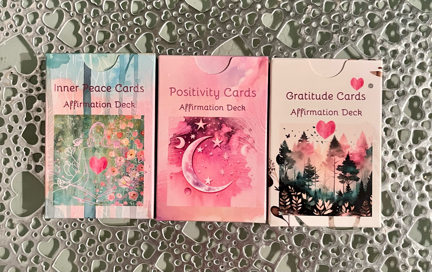 Set of 3 x Affirmation Card decks: Gratitude Cards, Positivity cards, Inner Peace Cards, 3 x sets of 30 cards,