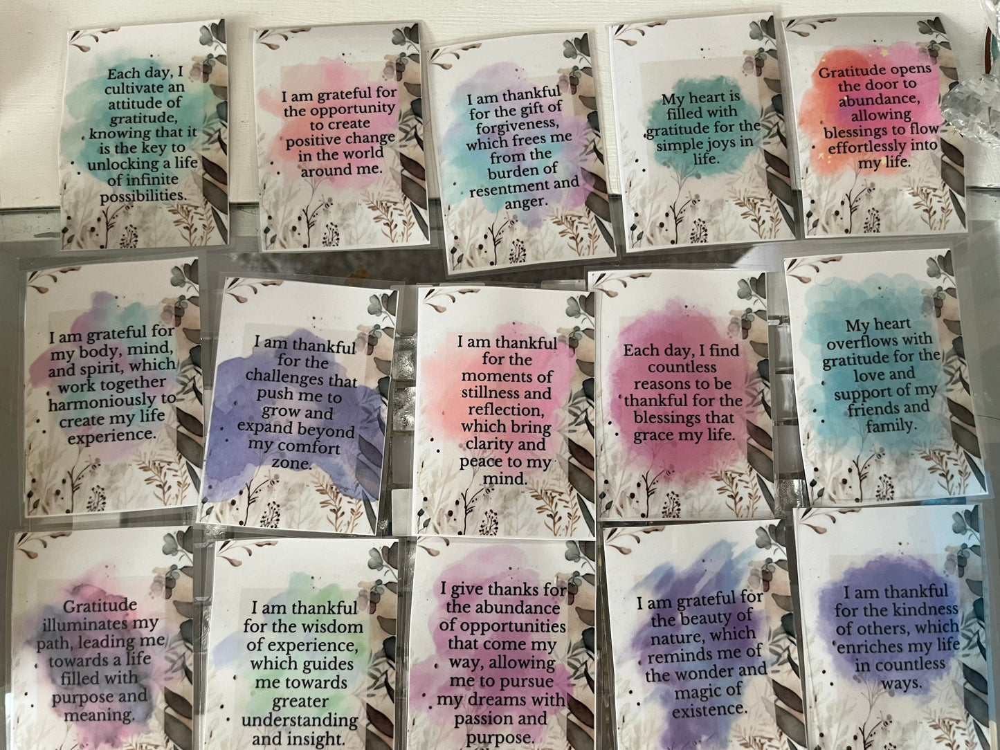 High Vibration Printed and laminated sheets of Gratitude cards  with organza bag: Cut/create your own (this is a physical product that will be mailed to you