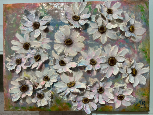 Field of 3D white flowers on canvas ( original painting), energy activated, light encoded