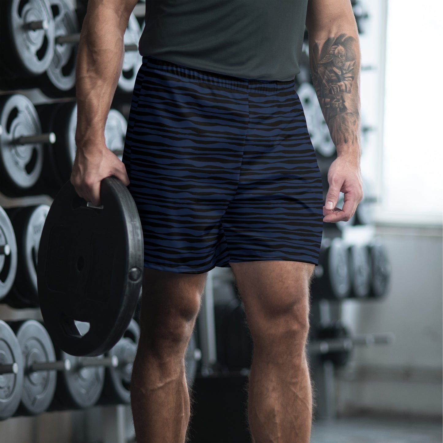 Men's Recycled Athletic Shorts, dark blue black stripe print, four-way stretch moisture-wicking microfibre fabric