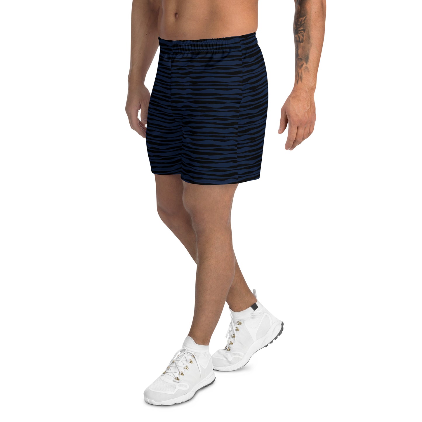 Men's Recycled Athletic Shorts, dark blue black stripe print, four-way stretch moisture-wicking microfibre fabric