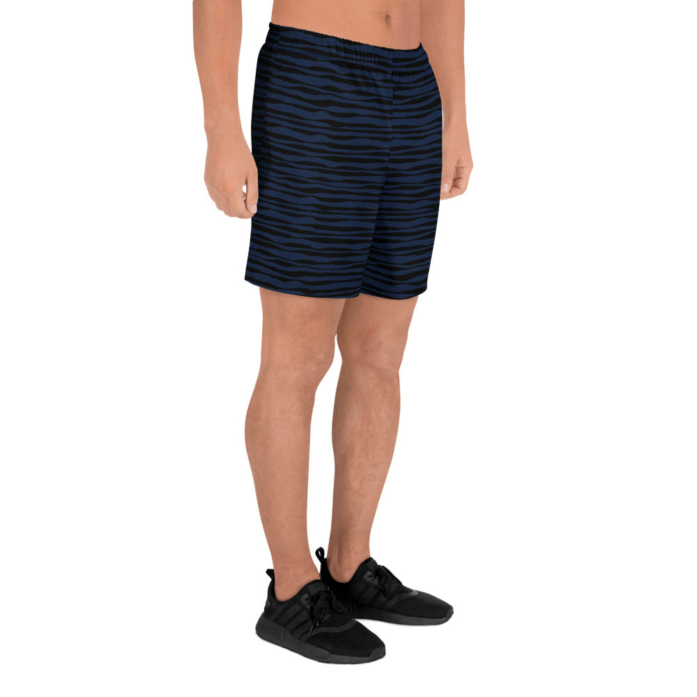 Men's Recycled Athletic Shorts, dark blue black stripe print, four-way stretch moisture-wicking microfibre fabric