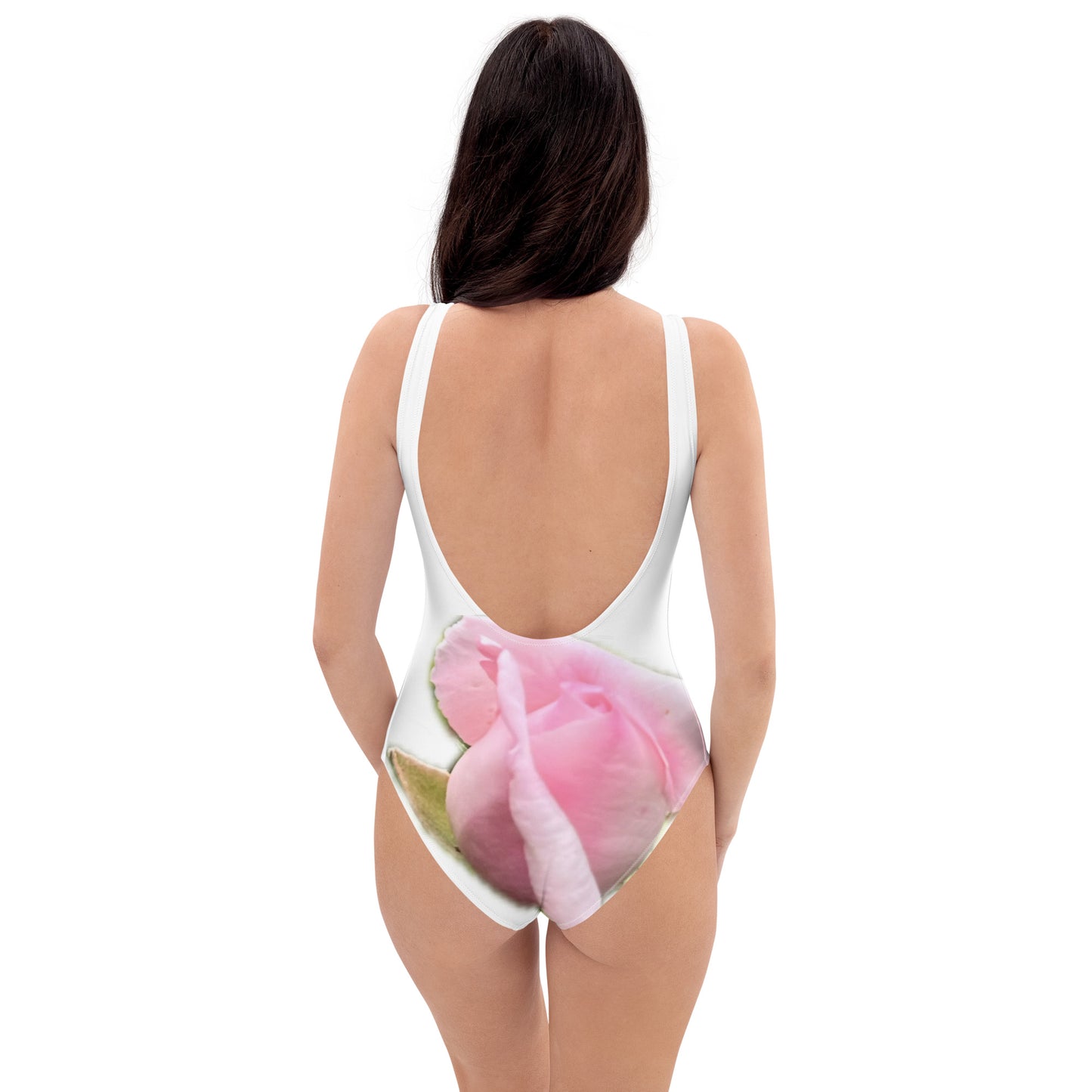 One-Piece Swimsuit, soft pink rose design, elegant, feminine, scoop neck, flattering design