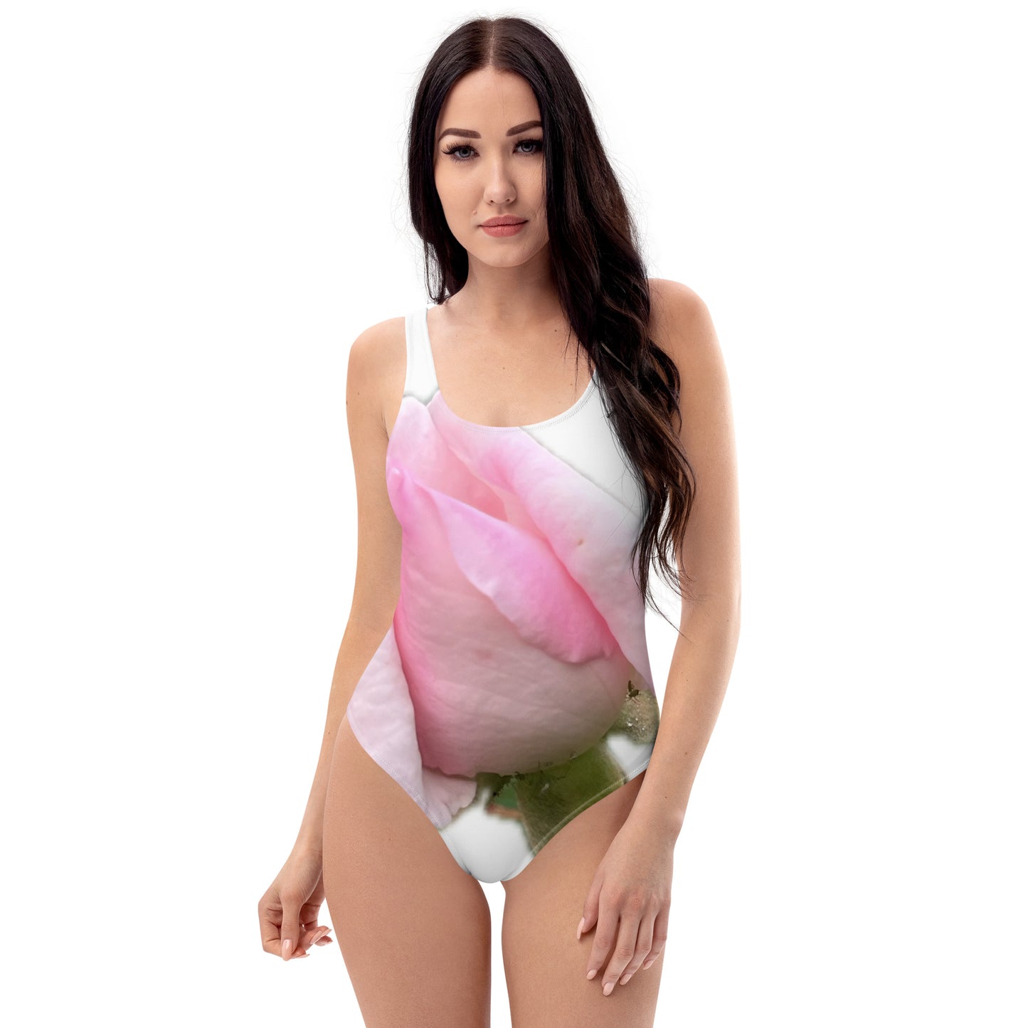 One-Piece Swimsuit, soft pink rose design, elegant, feminine, scoop neck, flattering design