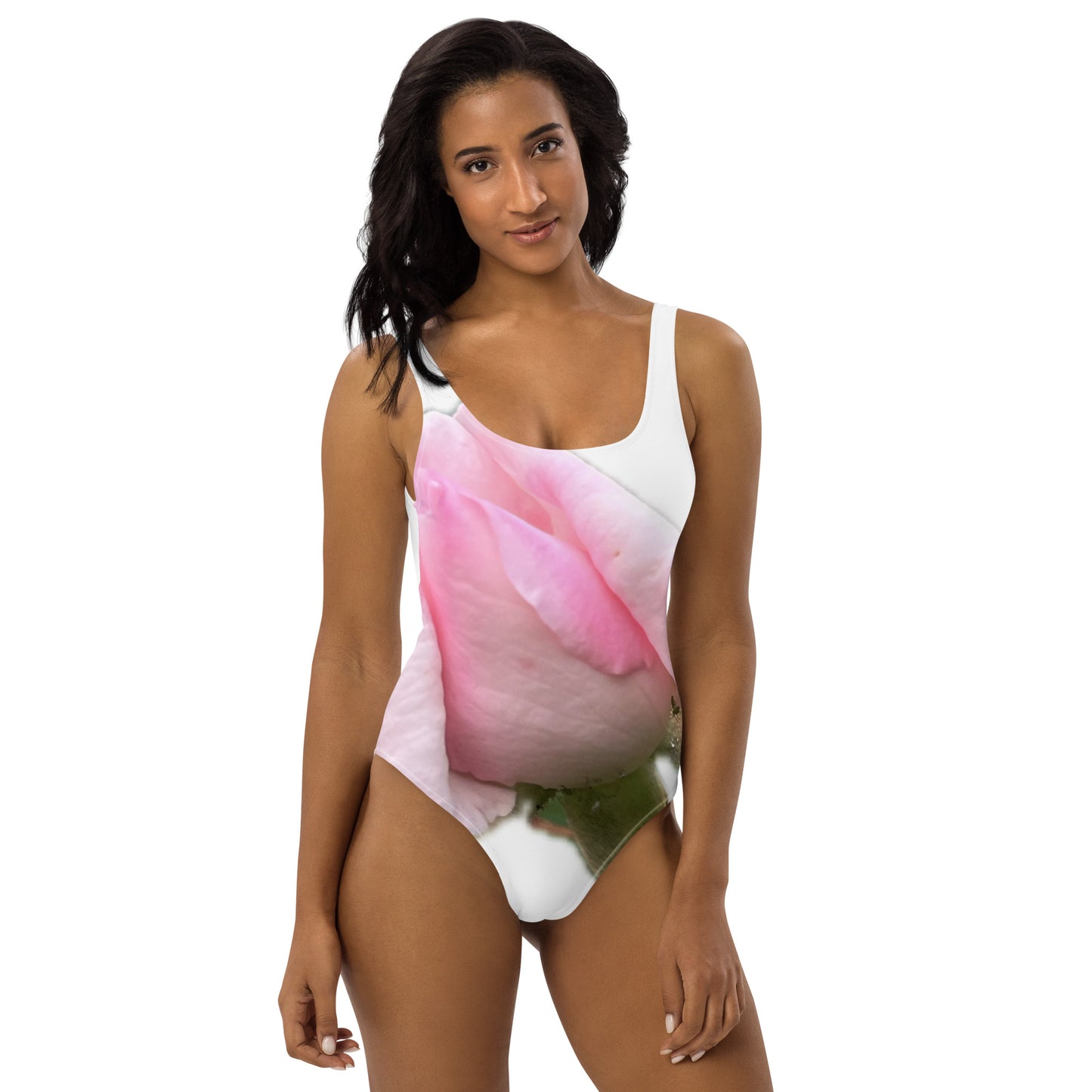 One-Piece Swimsuit, soft pink rose design, elegant, feminine, scoop neck, flattering design