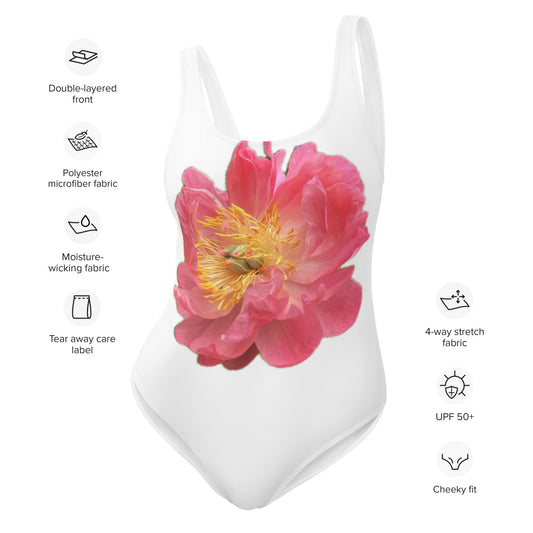 One-Piece Swimsuit, white with pink peony design, bright, elegant, feminine, flattering, chlorine resistent,