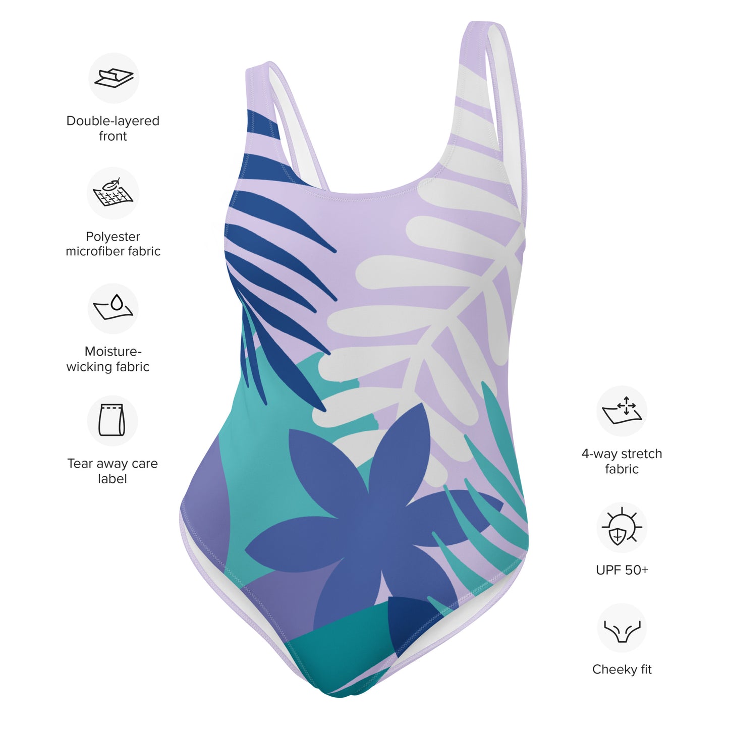 One-Piece Swimsuit, floral tropical lilac design, chlorine-resistant fabric