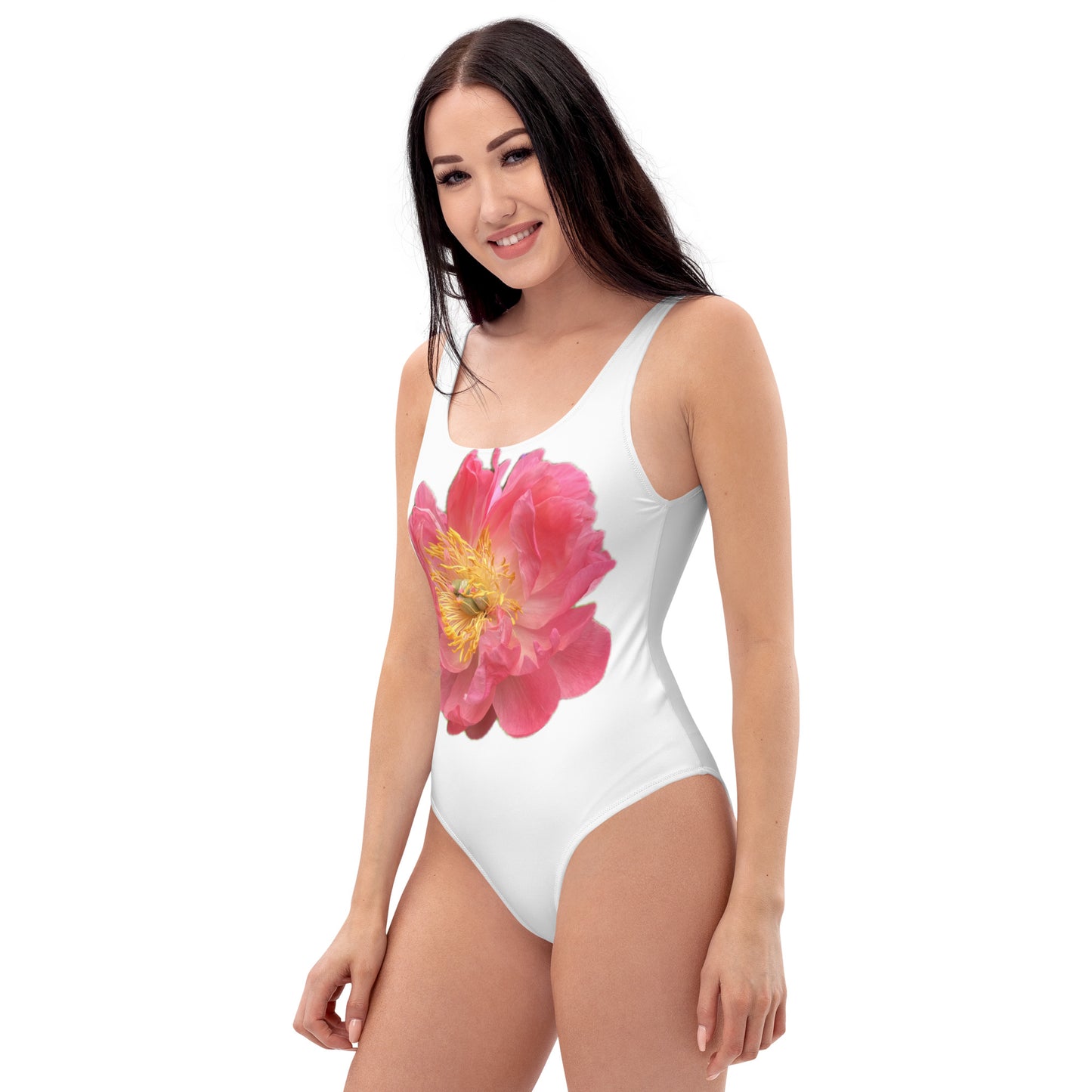 One-Piece Swimsuit, white with pink peony design, bright, elegant, feminine, flattering, chlorine resistent,