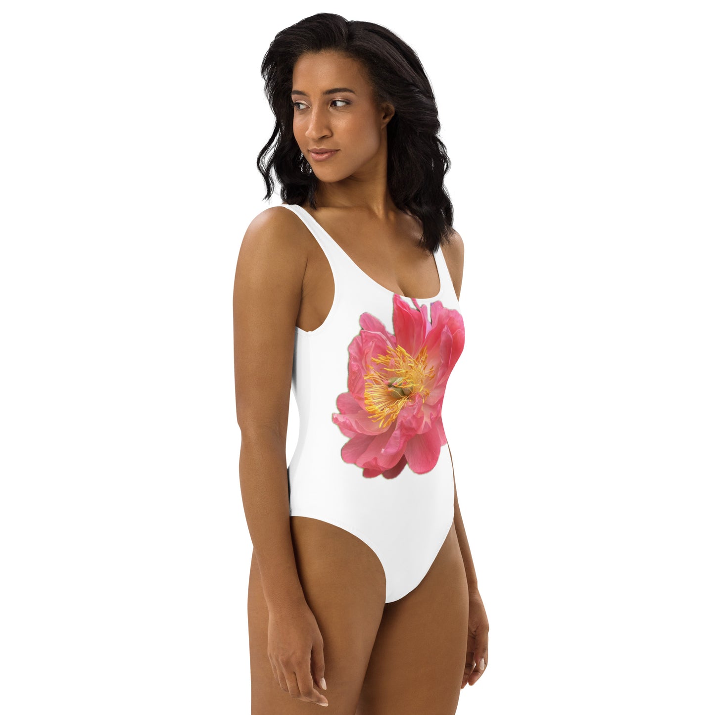 One-Piece Swimsuit, white with pink peony design, bright, elegant, feminine, flattering, chlorine resistent,