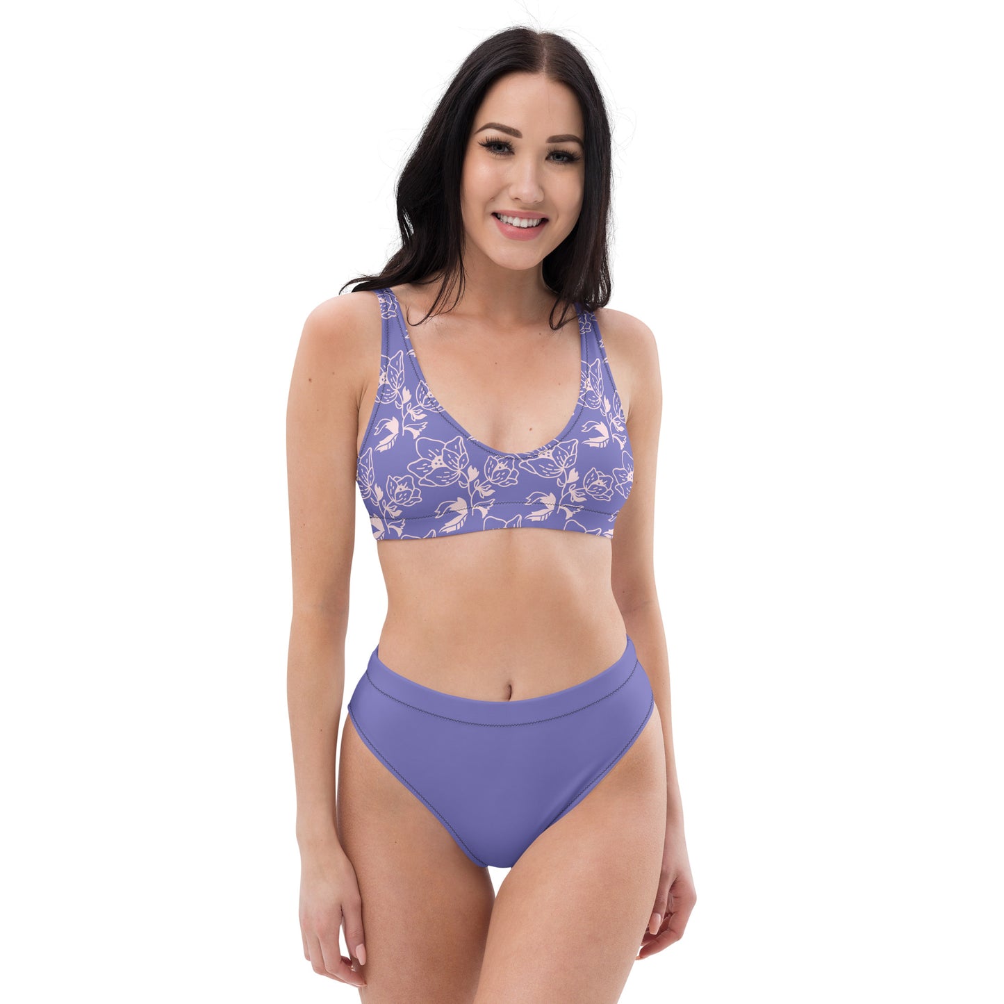 Recycled high-waisted bikini, purple design, bright and fun