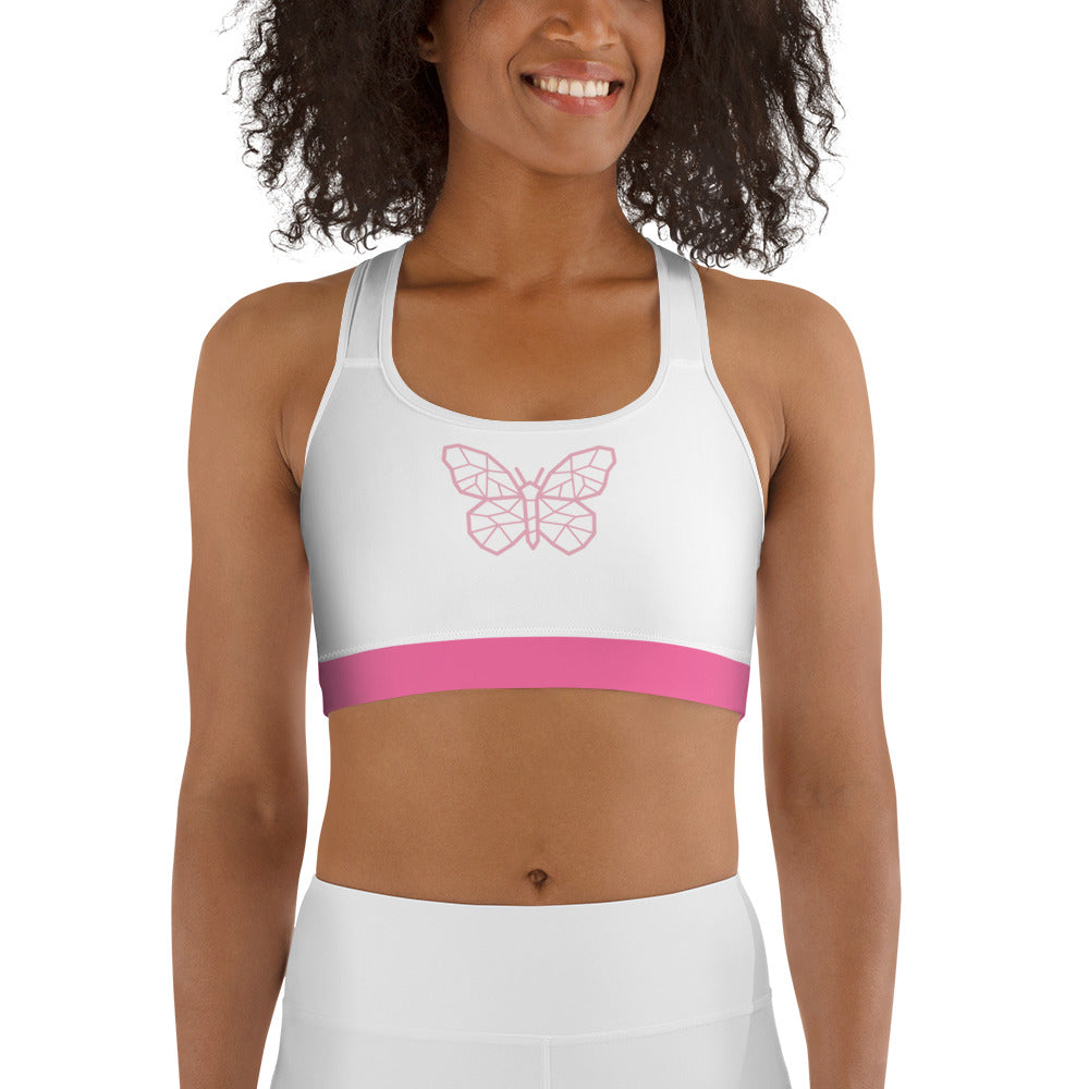 Sports bra soft white with pink butterfly design matches separate listing for yoga pants, moisture wicking, pretty