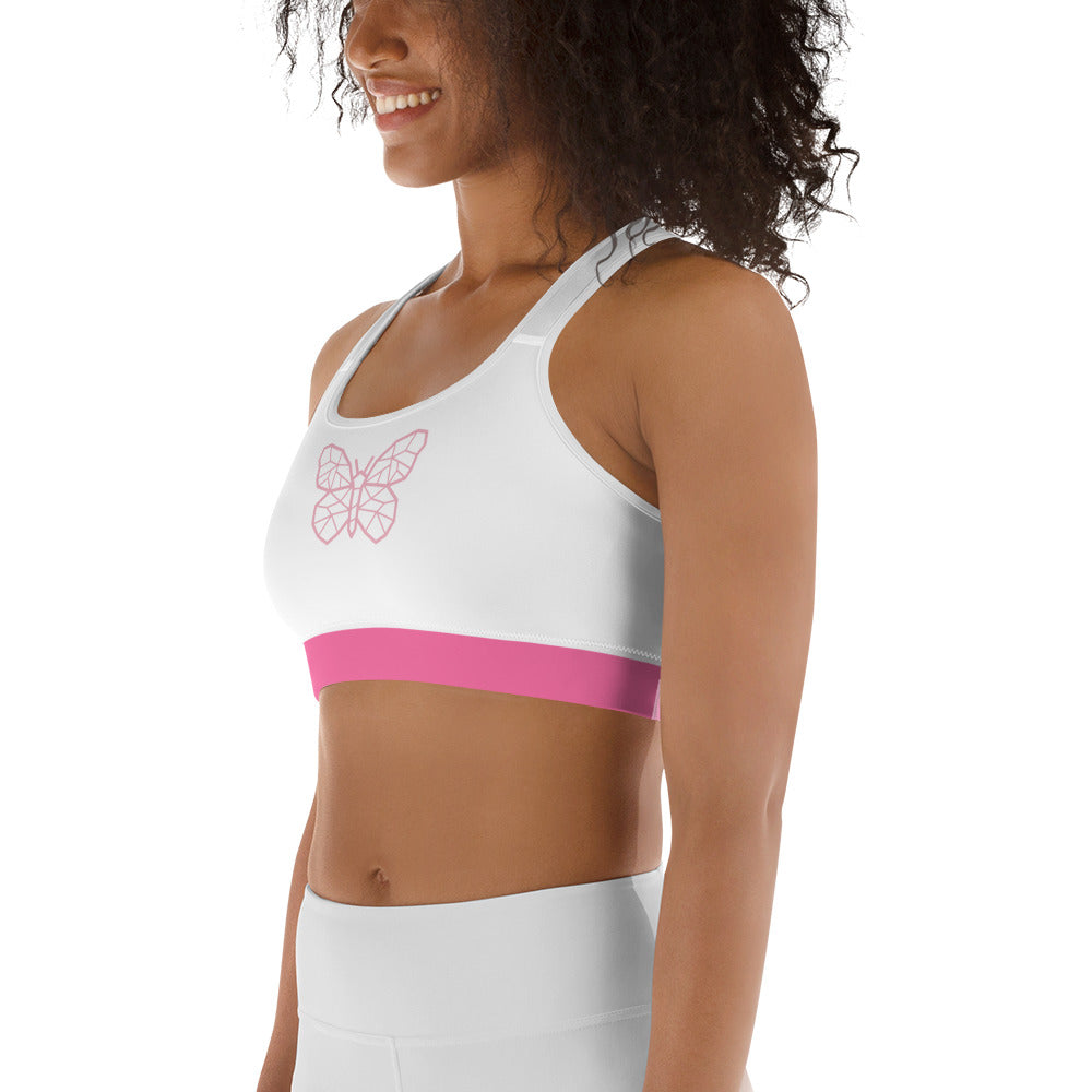 Sports bra soft white with pink butterfly design matches separate listing for yoga pants, moisture wicking, pretty