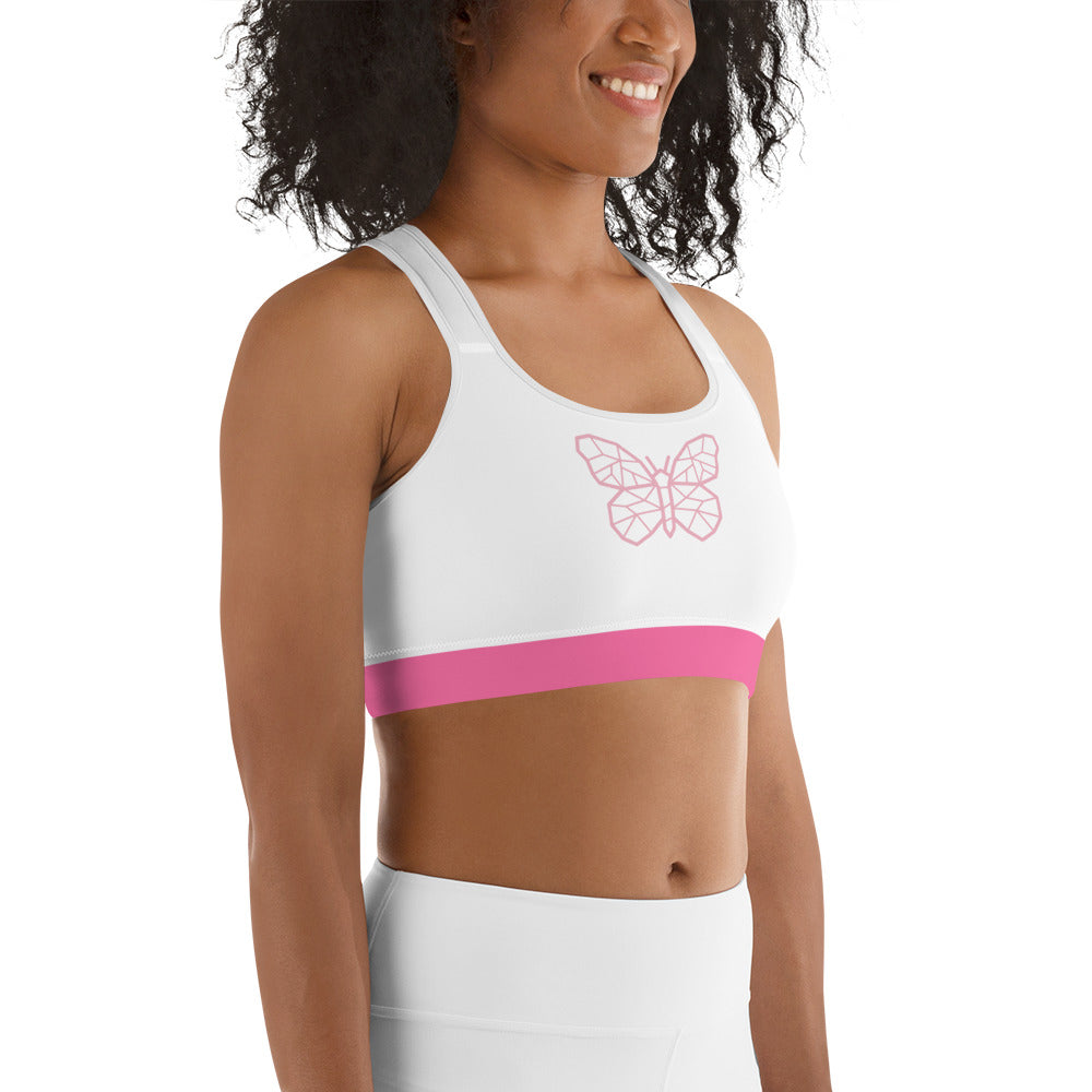 Sports bra soft white with pink butterfly design matches separate listing for yoga pants, moisture wicking, pretty