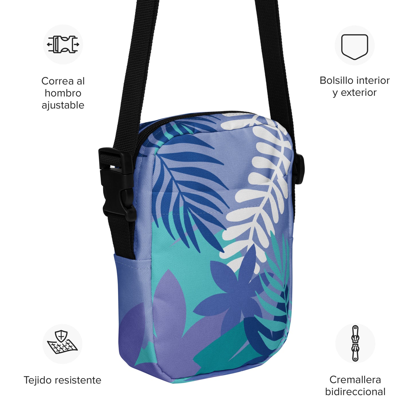 Utility crossbody bag, purple tropical design, water resistant and durable