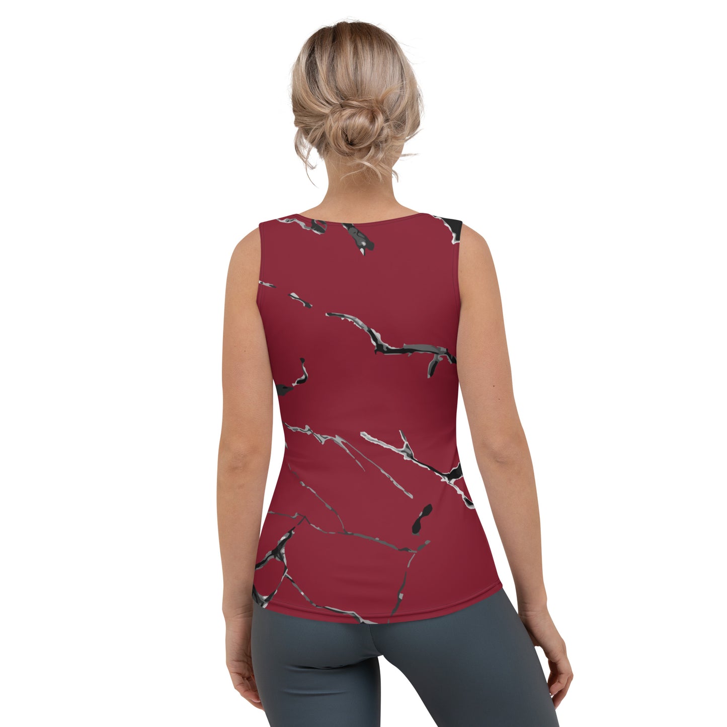 Sublimation Cut & Sew Tank Top, marble burgundy design, made with a smooth, comfortable microfibre yarn