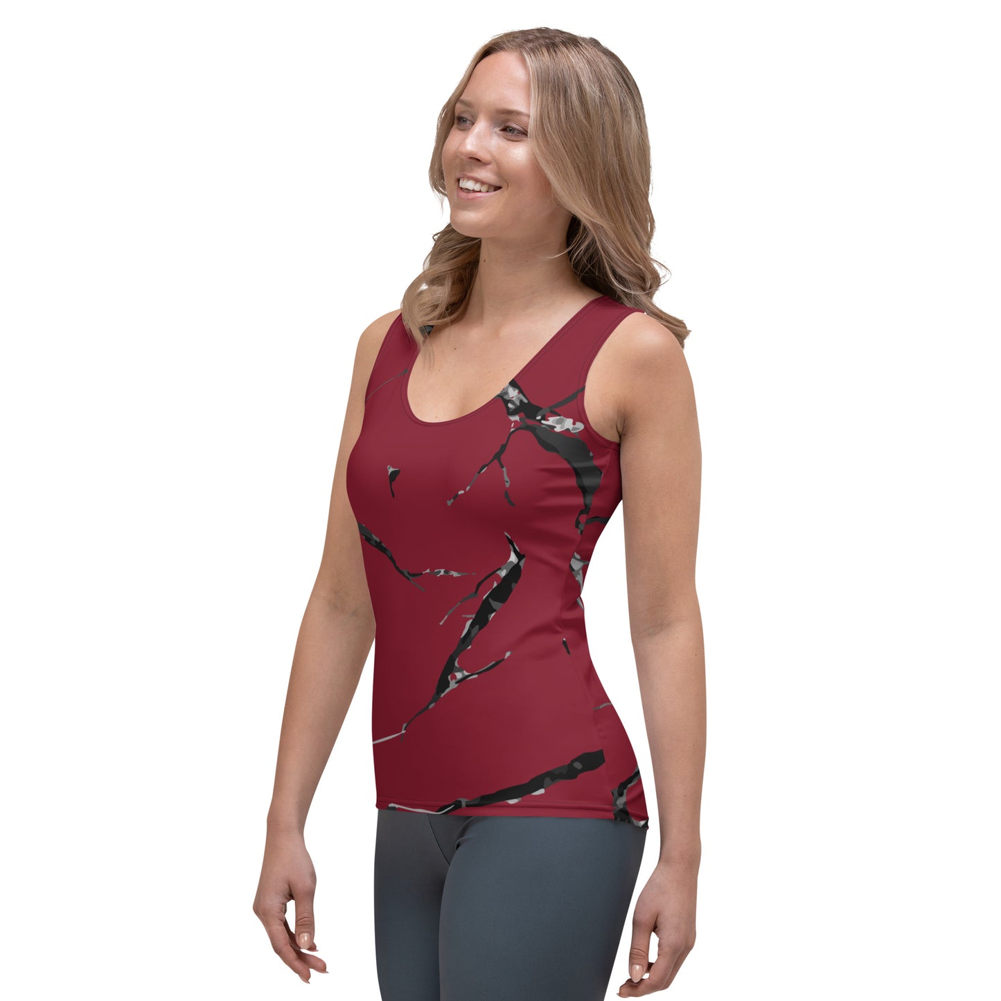 Sublimation Cut & Sew Tank Top, marble burgundy design, made with a smooth, comfortable microfibre yarn