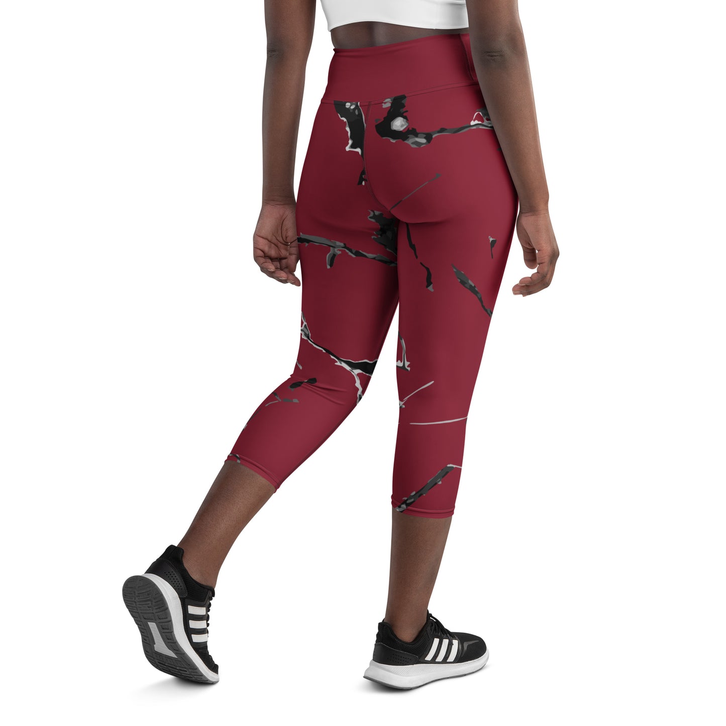 Yoga Capri Leggings, marble burgundy design, very soft four-way stretch fabric