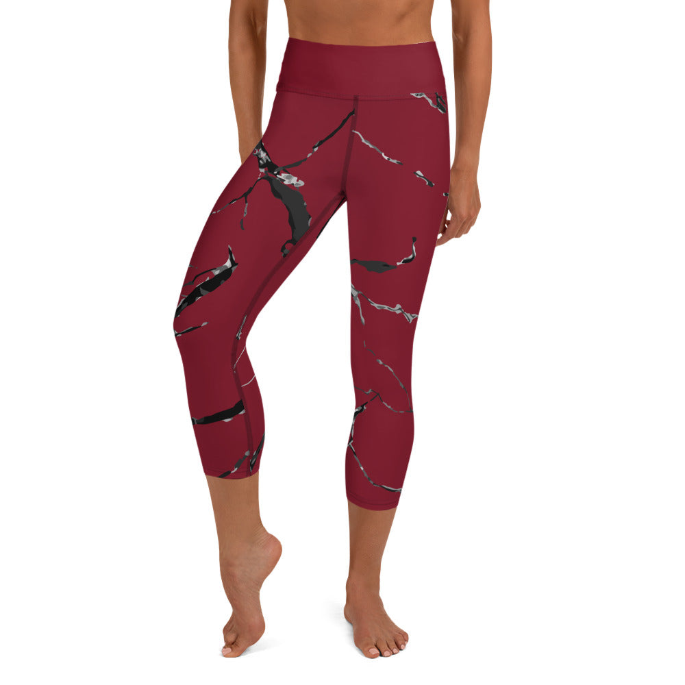 Yoga Capri Leggings, marble burgundy design, very soft four-way stretch fabric