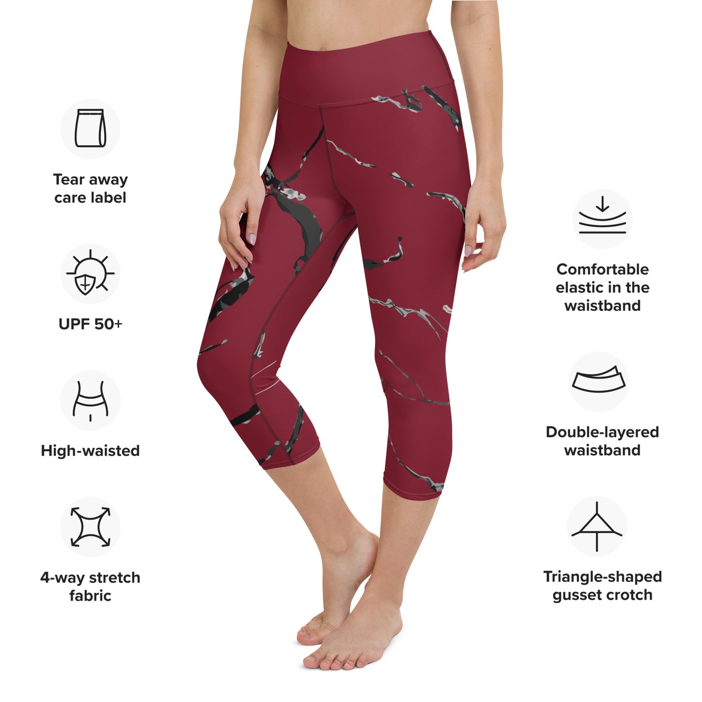 Yoga Capri Leggings, marble burgundy design, very soft four-way stretch fabric