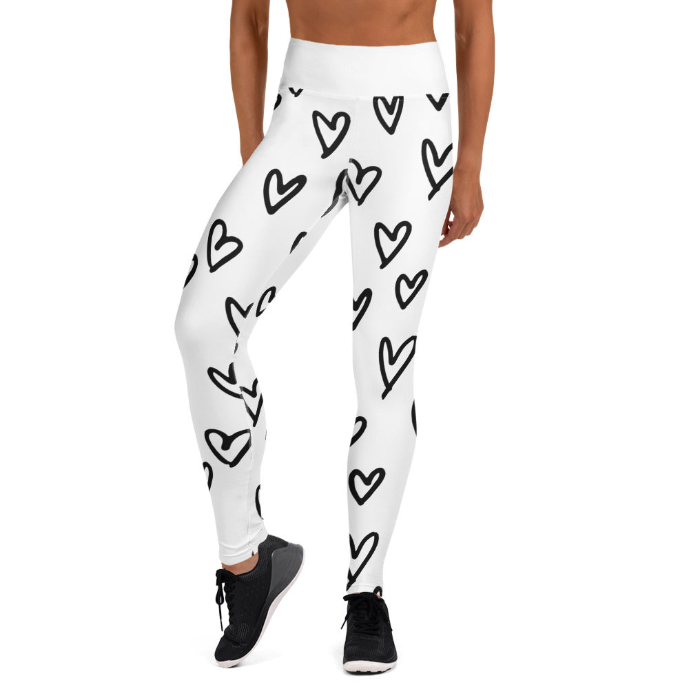 Yoga Leggings, soft, comfortable, stretchy, microfibre, white with black hearts