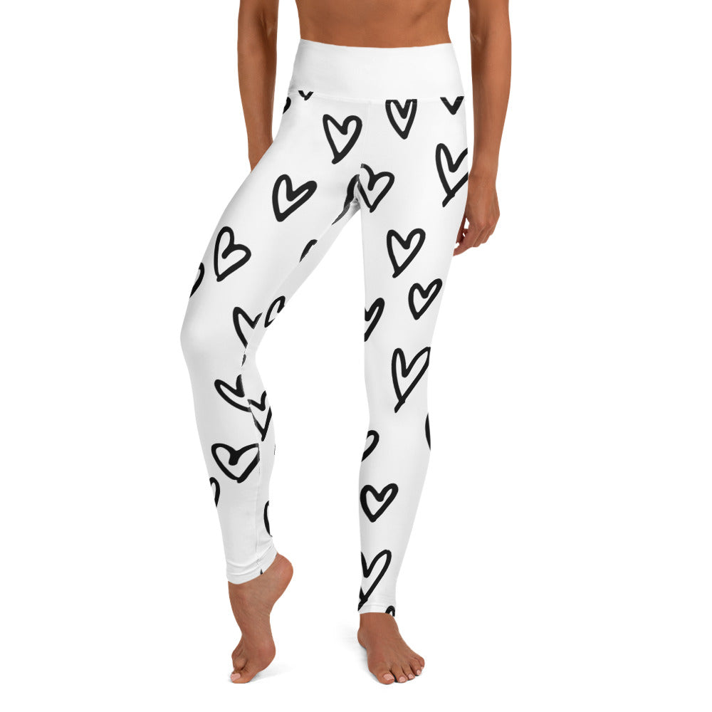 Yoga Leggings, soft, comfortable, stretchy, microfibre, white with black hearts