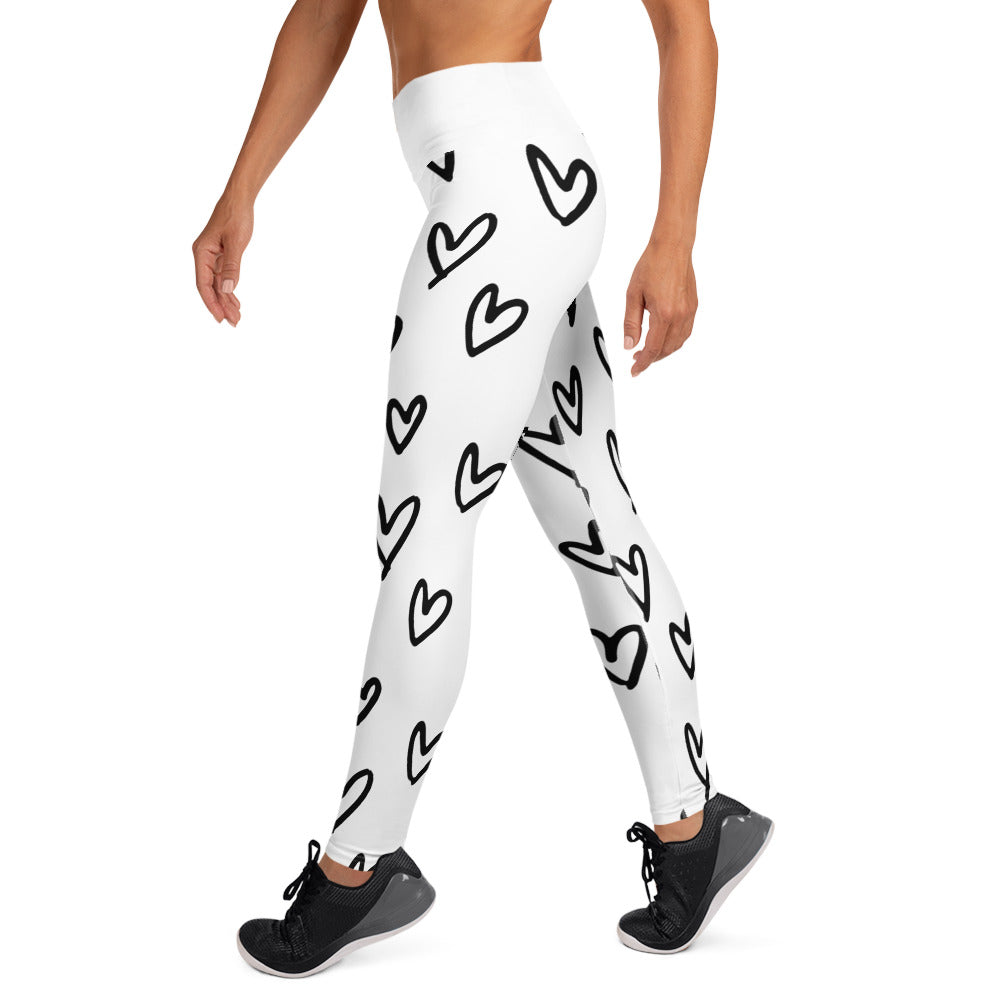 Yoga Leggings, soft, comfortable, stretchy, microfibre, white with black hearts