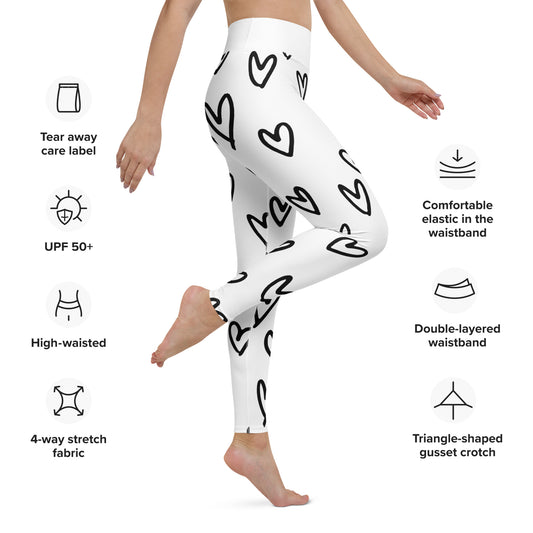 Yoga Leggings, soft, comfortable, stretchy, microfibre, white with black hearts