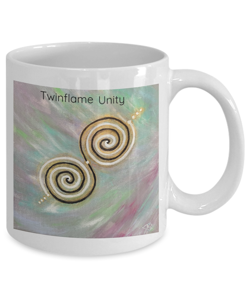 Twinflame unity mug, 11oz or 15oz, double spiral twinflame geometry, activated with light language, intention mug