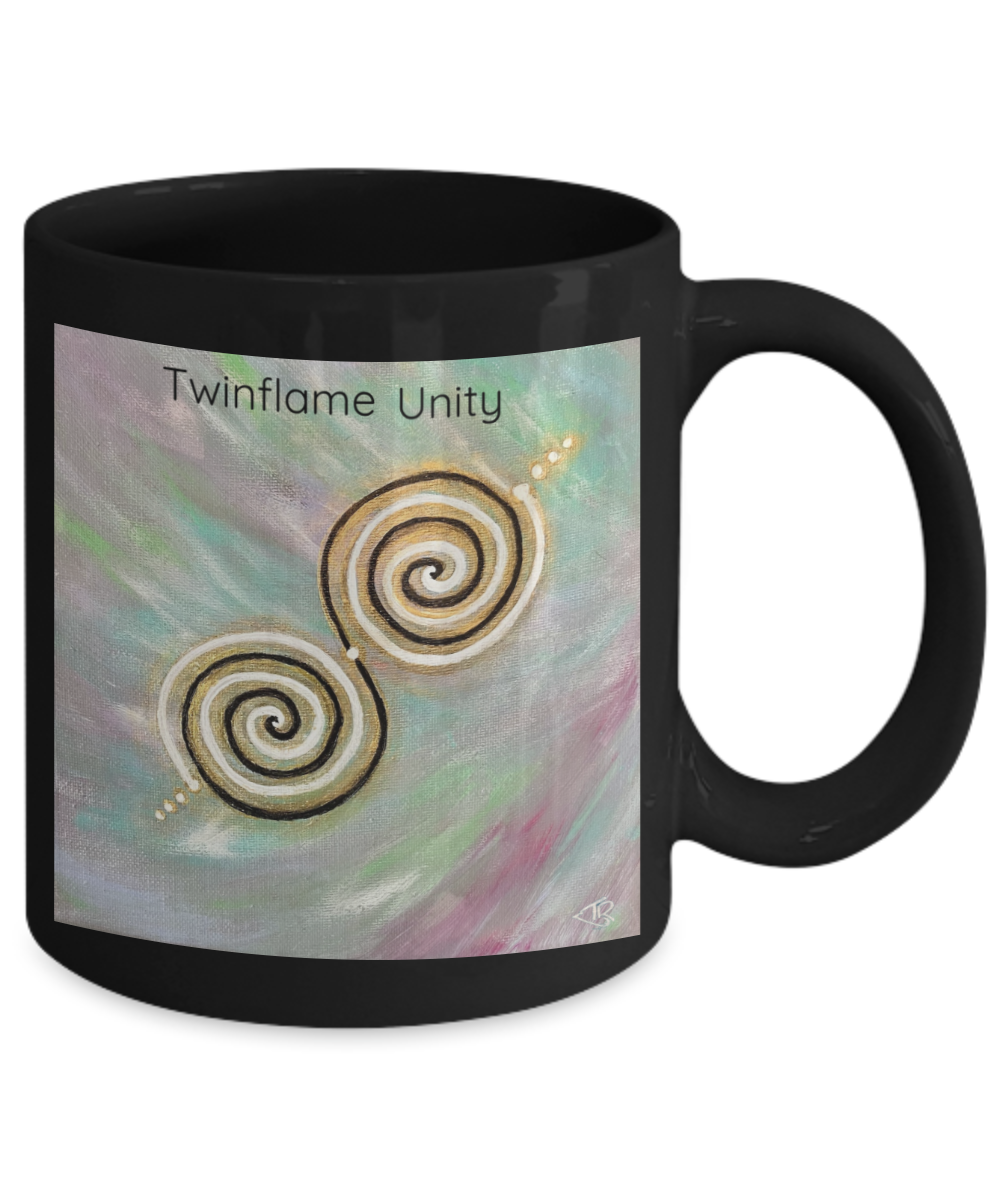 Twinflame unity mug, 11oz or 15oz, double spiral twinflame geometry, activated with light language, intention mug