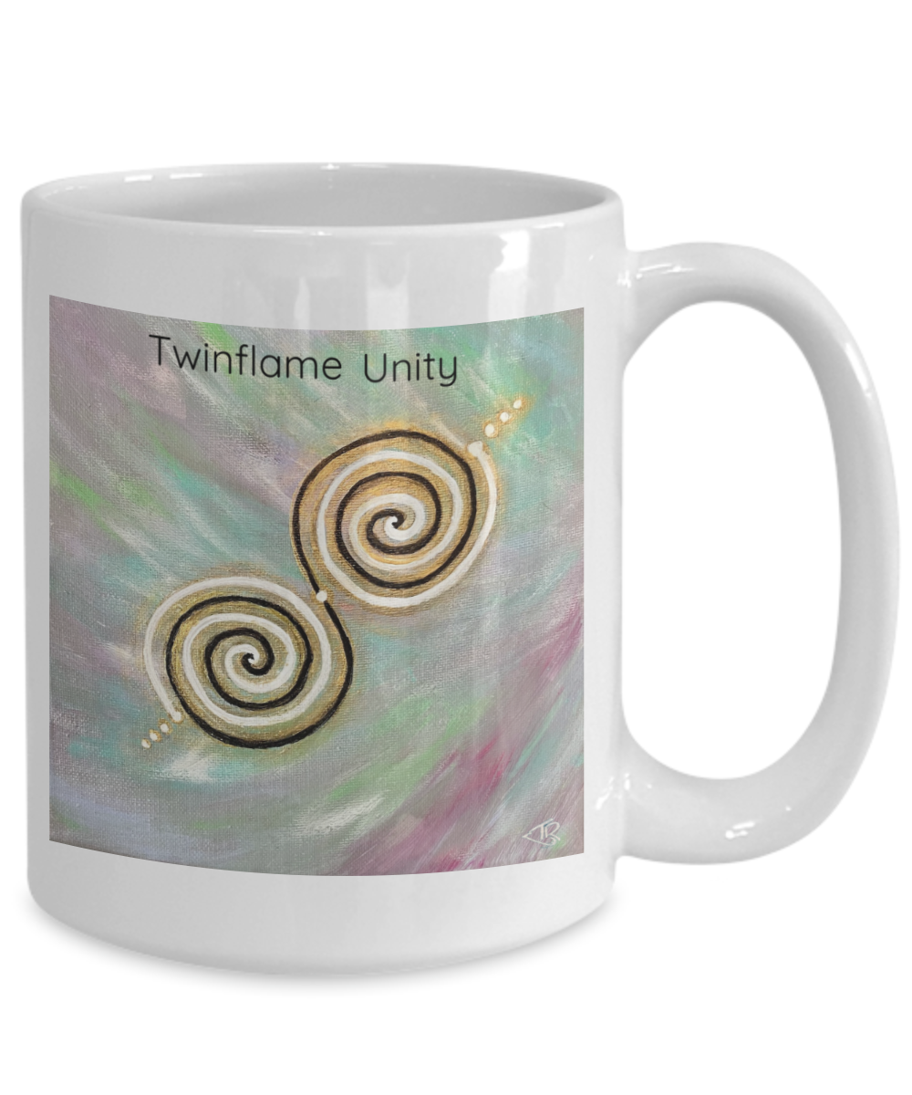 Twinflame unity mug, 11oz or 15oz, double spiral twinflame geometry, activated with light language, intention mug