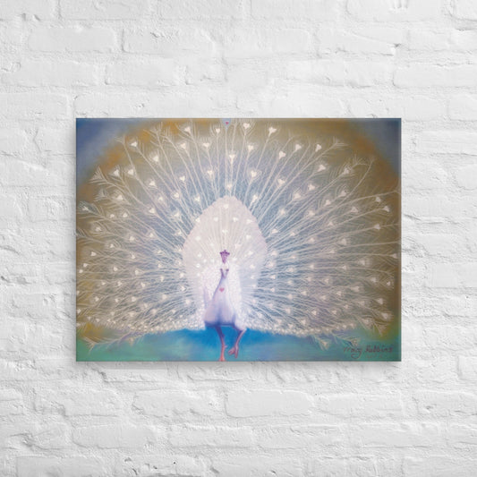 Light Encoded Canvas, Soul Purpose ( white peacock with feather display), representing soul alignment, energised, alchemical art