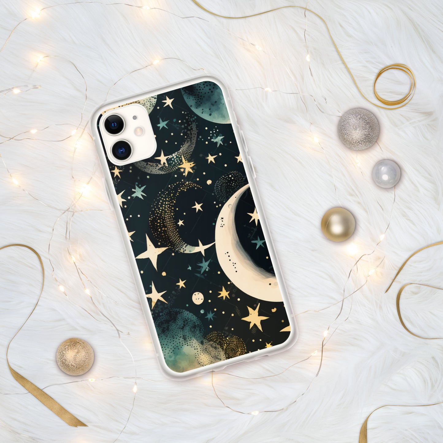 Clear Case for iPhone® night sky, stars, moon, blues, soft feel, multiple sizes