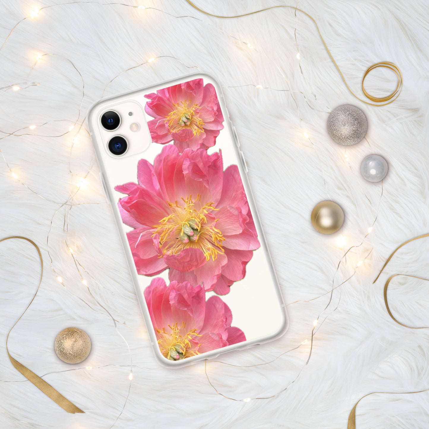 Clear Case for iPhone®, pink floral design of peonies on a clear background, accomodates many models of phone