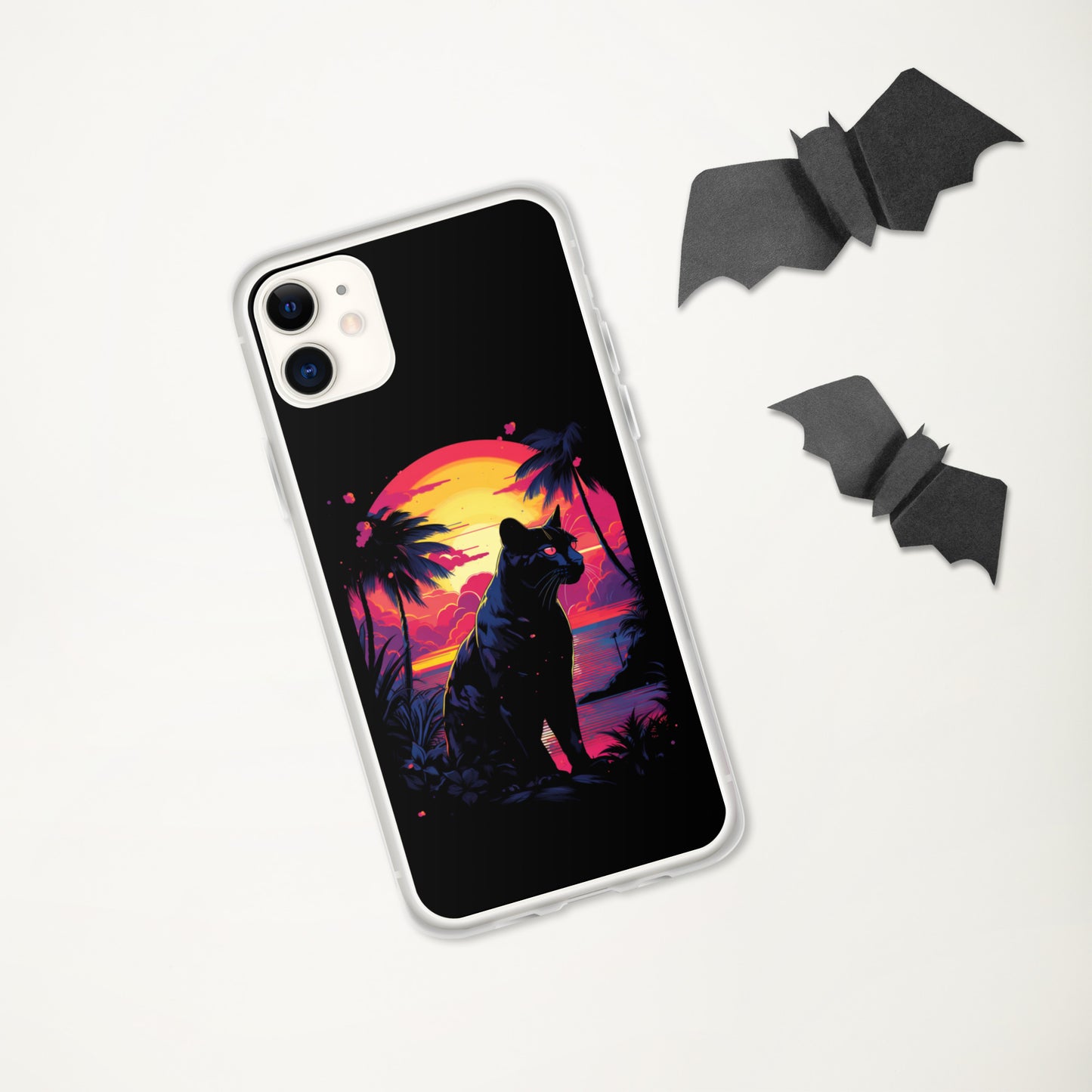 Panther Case for iPhone®, flexible, solid, black, fits various models, palm tree, sunset