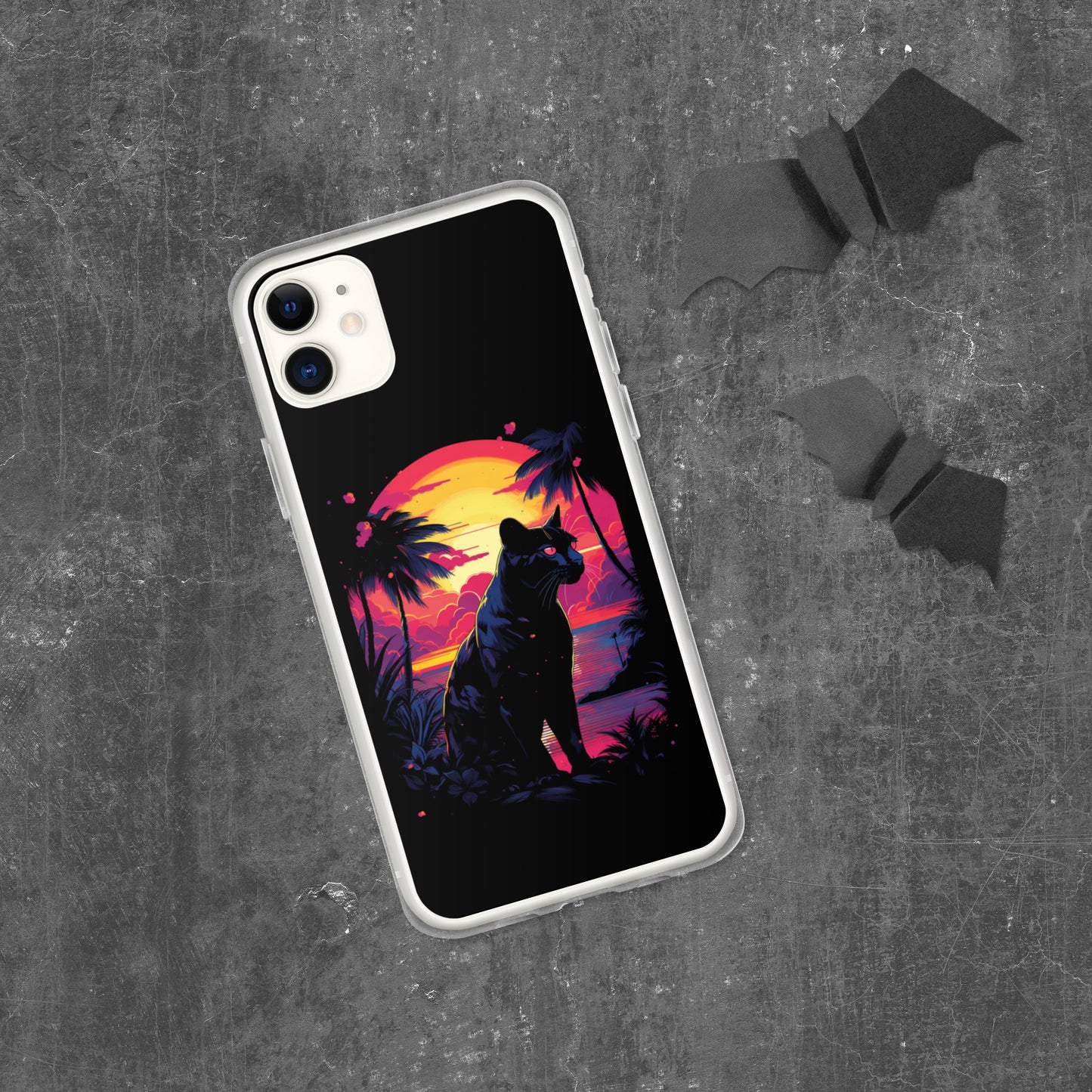 Panther Case for iPhone®, flexible, solid, black, fits various models, palm tree, sunset