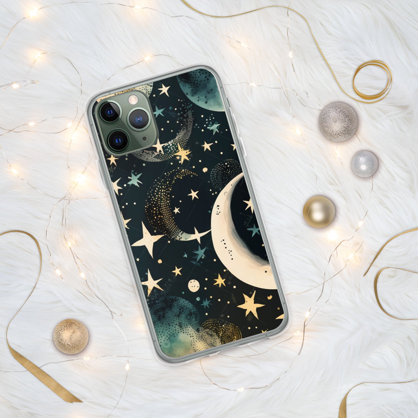 Clear Case for iPhone® night sky, stars, moon, blues, soft feel, multiple sizes