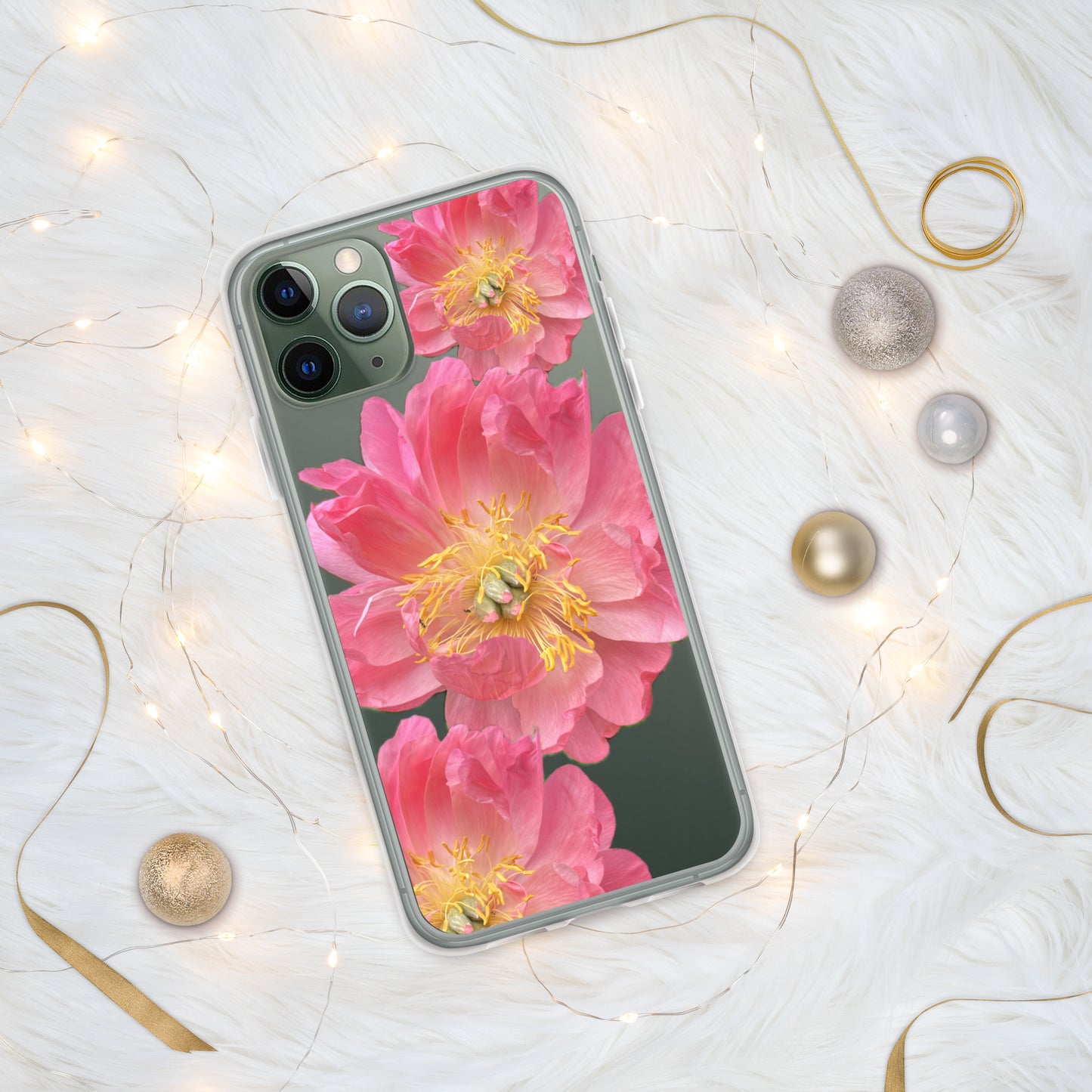 Clear Case for iPhone®, pink floral design of peonies on a clear background, accomodates many models of phone