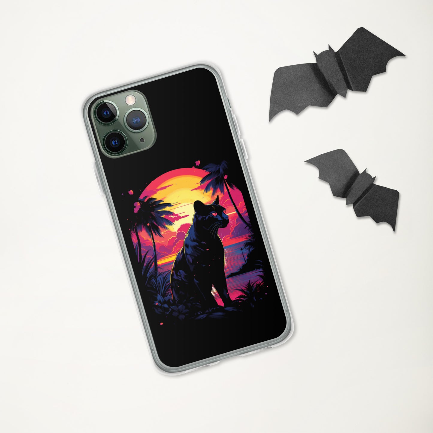 Panther Case for iPhone®, flexible, solid, black, fits various models, palm tree, sunset