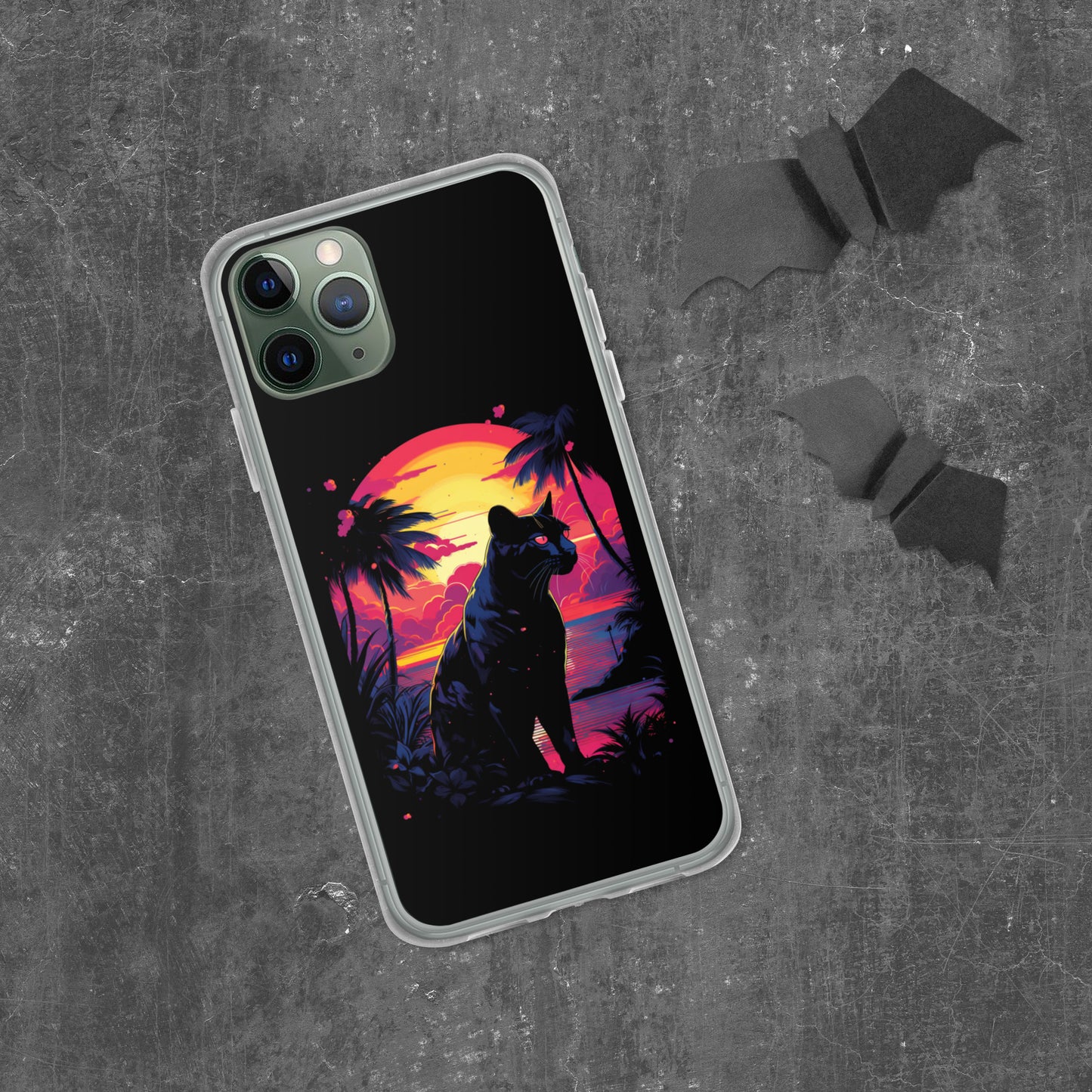 Panther Case for iPhone®, flexible, solid, black, fits various models, palm tree, sunset